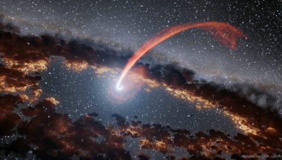 تصویر برجسته، ستاره‌ای به تازگی از یک سیاهچاله عظیم عبور کرده و گازی را منتشر می‌کند که به گردش خود ادامه دهد.