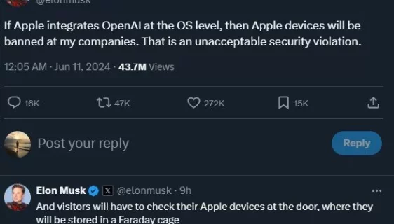 ایلان ماسک اپل را بابت استفاده از هوش مصنوعی OpenAI تهدید کرد